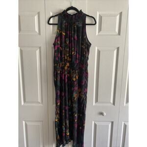 Peyton Jensen Womens Large Black Floral Maxi Dress Sleeveless Smocked Waist